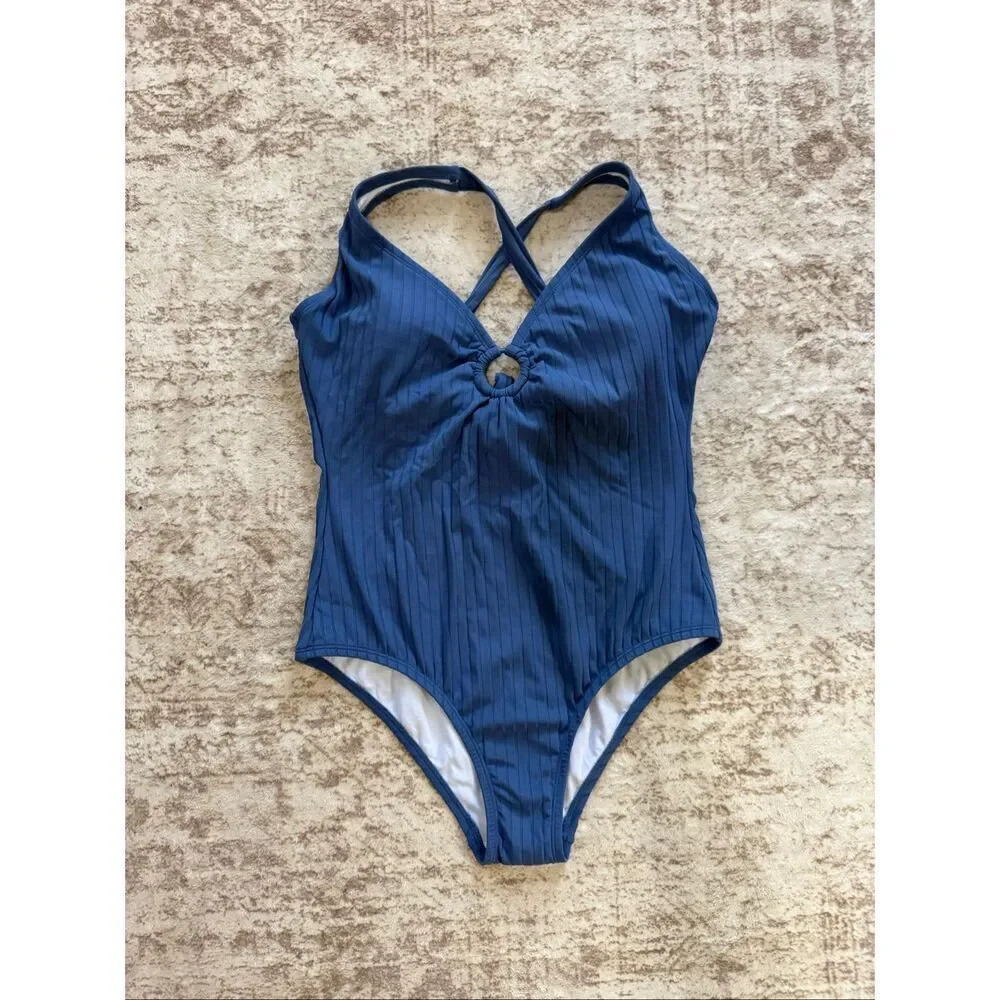 Kona Sol Women's Ribbed Ring Medium Coverage One-Piece Swimsuit Blue Large NWOT